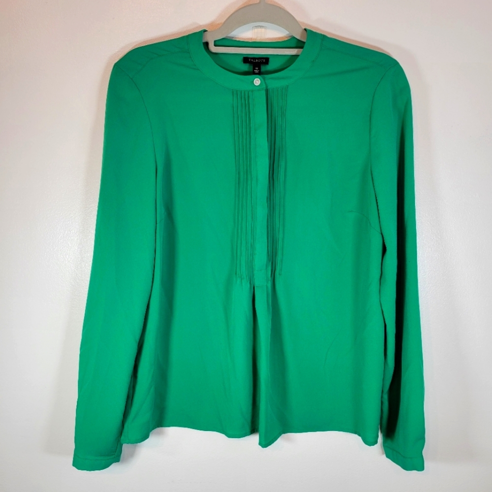 Talbots Green Button Front Long Sleeve Blouse with Pleated Detail Size 10